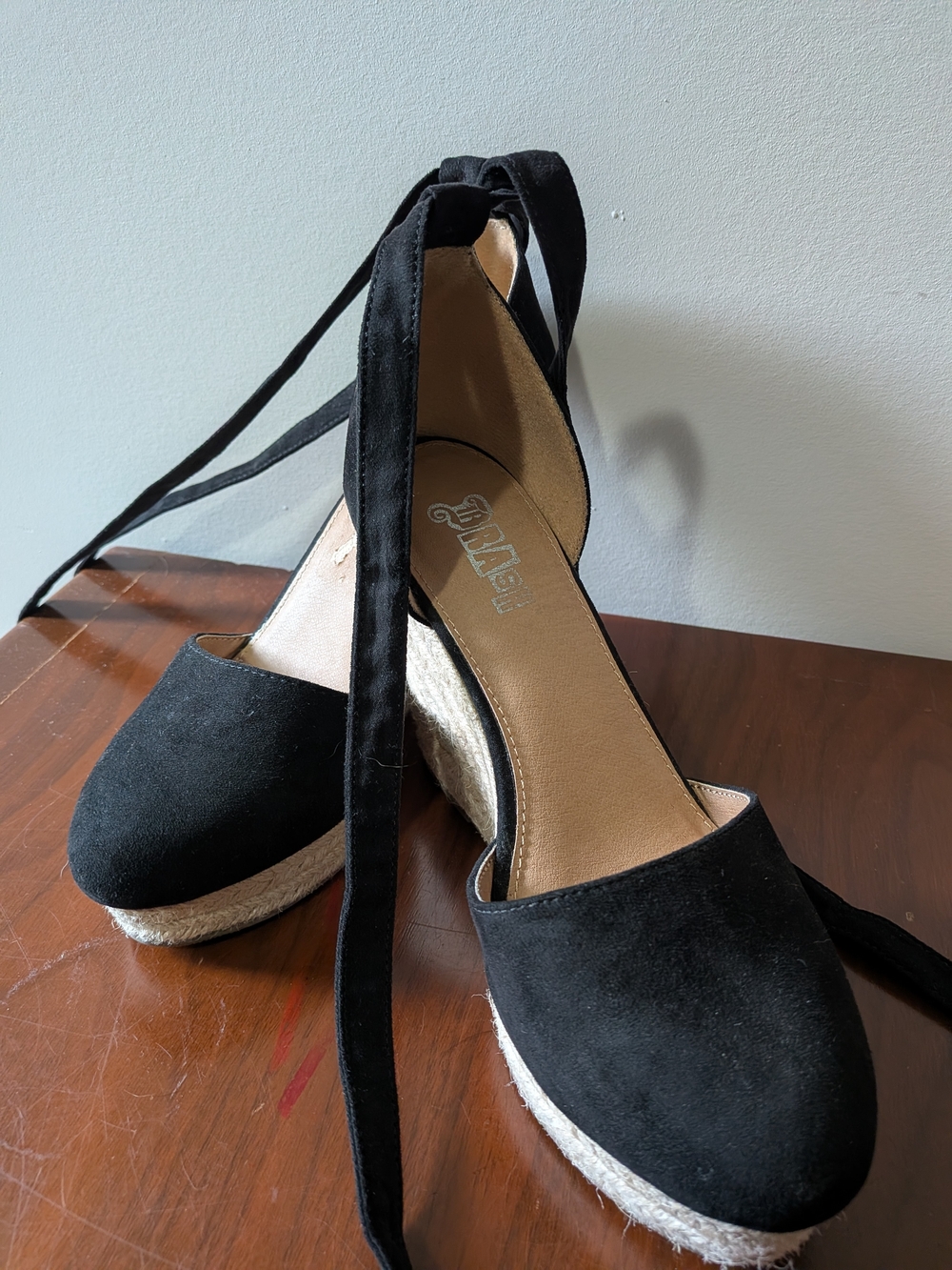 Brash Black Suede Espadrille Wedge Sandals with Ankle Ties